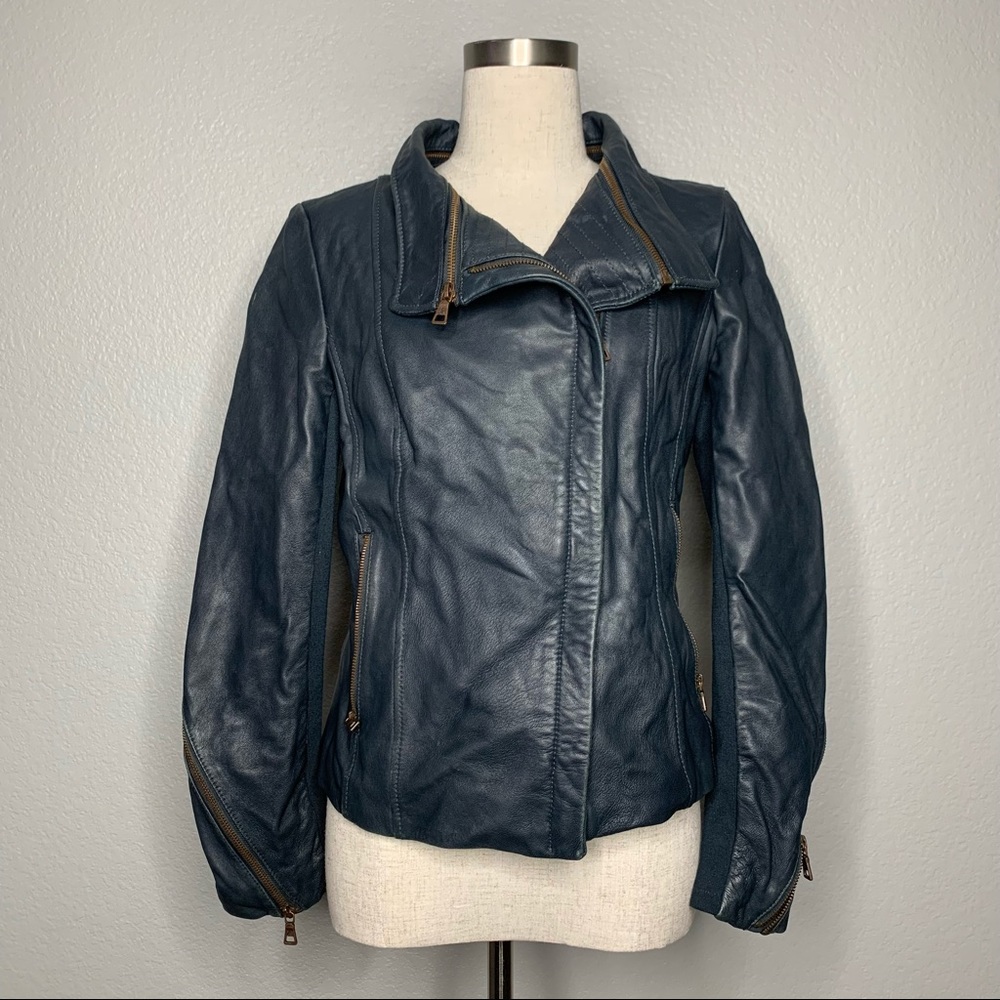 Sam Edelman Dark Teal Leather Moto Jacket Medium - Picture 1 of 9